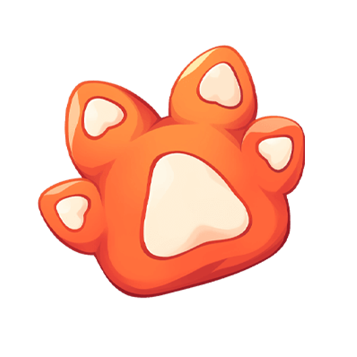 Stylized orange fox paw print with four toes and heart-shaped pads, floating playfully against a warm orange background in a whimsical and cheerful scene